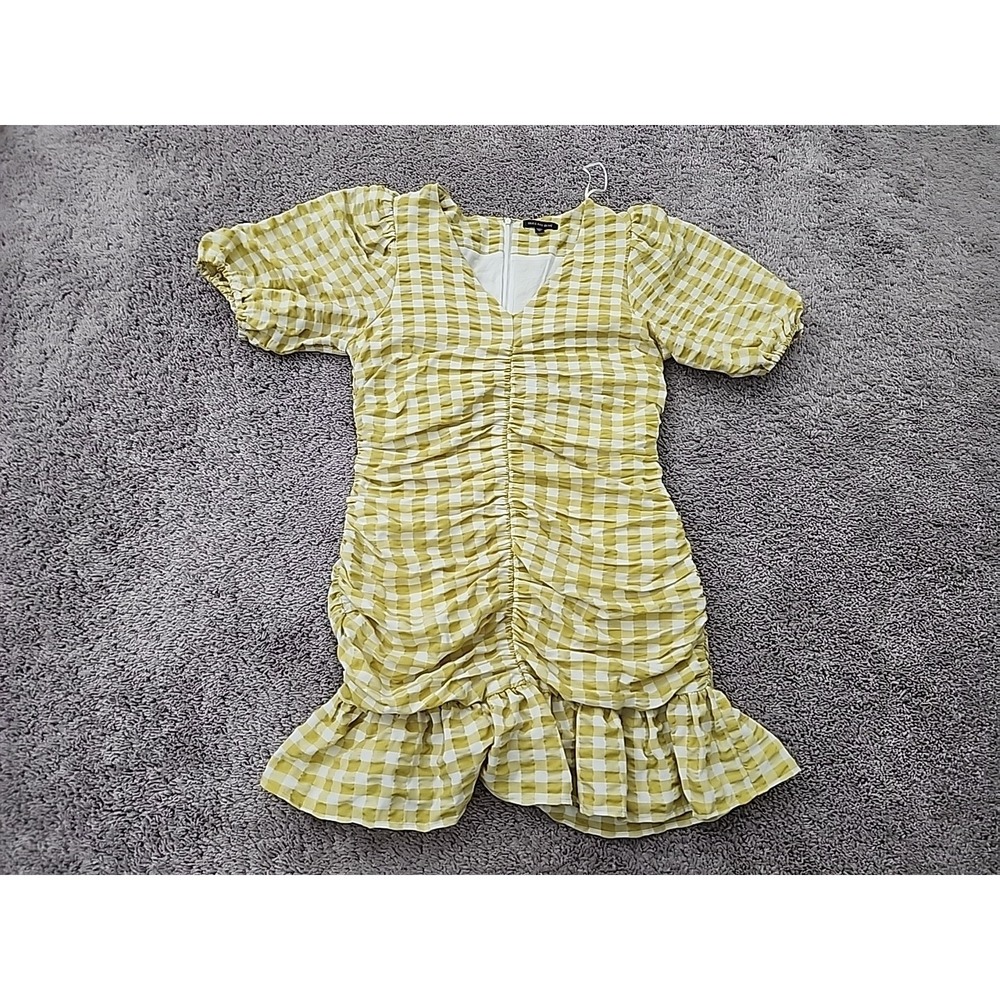 Skies Are Blue Dress Womens M Yellow Gingham Ruched Bodycon Lined Mini Retro 90s